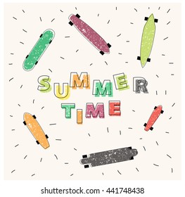 Summer time. Design for poster, card or brochure. Fun skateboards.Summer fun posters or card design.  Summer fun and collection symbols skateboards. Skating icons. Hand drawn fun art.