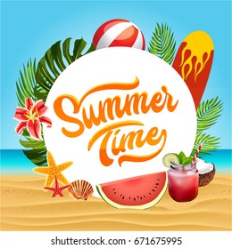 Summer Time Design with Tropical leaver, tropical flowers, juice, and tropical fruits.