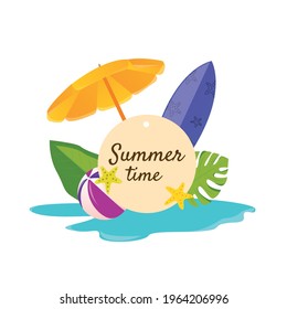Summer time design with white circle for text and colorful beach elements over white background. Vector illustration.