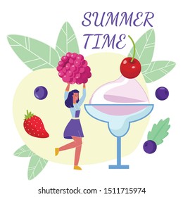 Summer Time Desserts Flat Web Banner Template. Female Barista Making Berries Smoothie. Chef Cooking Fruit Ice Cream Cartoon Vector Illustration. Girl Putting Raspberry, Strawberry, Blueberry In Glass