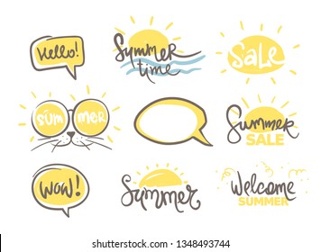 Summer time and discounts. Set Handwritten calligraphy, banner, title. Vector illustration.	