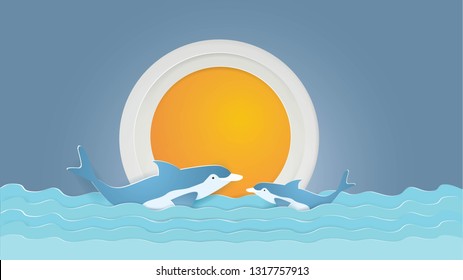 Summer time with Dolphins swimming in the blue sea in Summer season,vector and illustration.
