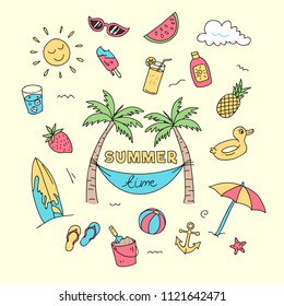 Summer time doodle art with beach holiday object illustration. Full colored creative hand drawing design.