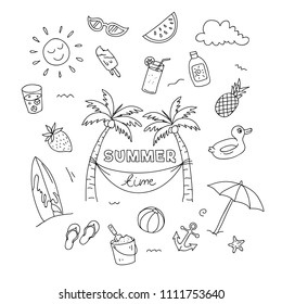 Summer time doodle artwork with beach holiday elements.  Hand drawn illustration. 