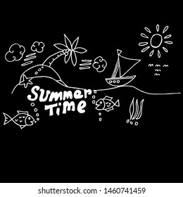 summer time, doodle with black background