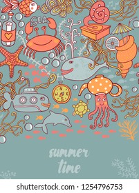 Summer time doodle greeting card.Under the sea card. Vector illustration with different underwater objects. Jelly fish, seashell, octopus, turtle,  submarine. Creative frame for your text
