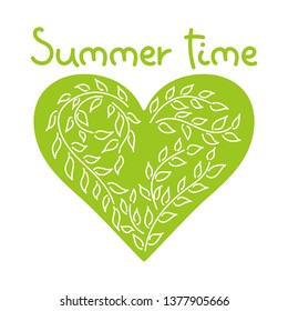 Summer time. Doodle hand drawing. Heart, twigs with leaves. Background. Vector illustration