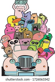 it's summer Time Doodle Monster in vintage car cabriolet 1950's style