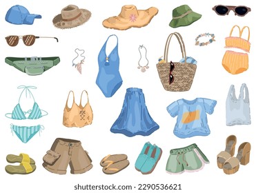 Summer time doodles collection. Set of clothes, accessories, bags, hats, swimsuits. Cartoon style vector illustrations. Colored cliparts isolated on white..