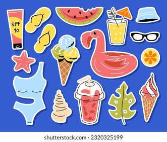 Summer time elements set. Ice cream and watermelon, flamingos and slippers. Suntan and swimsuit. Hot weather, exotic and tropical countries. Cartoon flat vector collection isolated on blue background