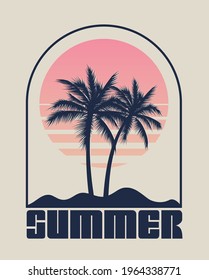 Summer time emblem or logo or label or t-shirt or poster design template with palm trees silhouette on sunset background. Summer vacation or tourism concept. Vintage styled vector illustration.