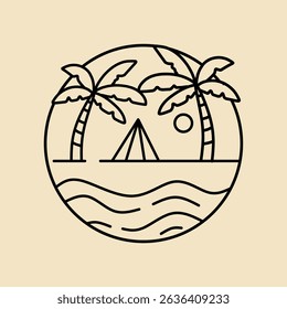 Summer time emblem or logo or label or t-shirt template with palm trees silhouette on sunset background. Summer vacation or tourism concept. vector illustration.