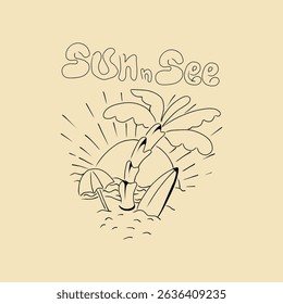 Summer time emblem or logo or label or t-shirt template with palm trees silhouette on sunset background. Summer vacation or tourism concept. vector illustration.