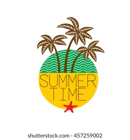 summer time emblem, palm tree on sea beach, vector graphic art shape, retro vintage style badge design illustration isolated on white background.