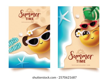 Summer time emoji clipart poster set design. Summer time text with emojis character wearing sunglasses and hat elements in seashore beach background. Vector illustration summer vacation emoticon 