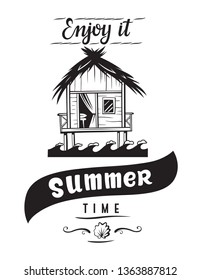 Summer time enjoy it holidays emblems or logo badge with hand drawn calligraphy. Black vector lettering design for vacation tour on a white background. Typographic symbol with a beach house