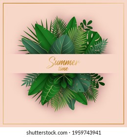 Summer time exotic background. Dark green tropical leaves template. Design for sale banner, flyer, invitation, poster, website, label or greeting card. Vector illustration in paper art cut out style.