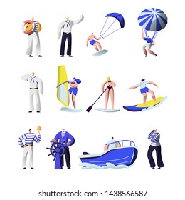 Summer Time Extreme Sports And Sea Professions Set. Ship Crew Uniform, Captain, Sailors, Surfing, Sup Board, Paragliding, Motor Boat Riding, Sailing, Vacation, Leisure Cartoon Flat Vector Illustration