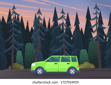 Summer time family trip. People traveling by car on the road in the forest. Traveling together. Green automobile moving on a ground way through a dark forest. Car driving on road vector, flat style