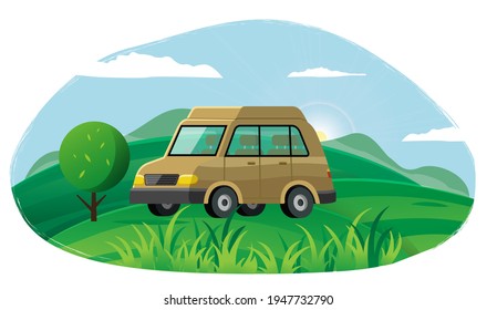 Summer time family trip. People traveling by car on road in forest. Traveling together, autotourism