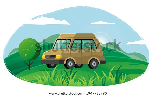 Summer time family trip.\
People traveling by car on road in forest. Traveling together,\
autotourism