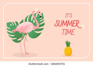 Summer Time with Flamingo and with tropical leaf and fruit banner , vector illustration