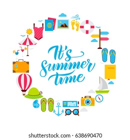 Summer Time Flat Circle. Set of Sea Travel Objects with Handwritten Lettering.