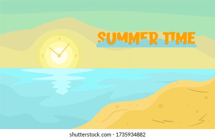 Hora de verano. Ilustración plana, fondo vectorial de playa tropical. 
