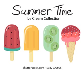 summer time flat vector fruit ice cream popsicle collection