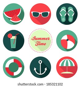 Summer time flat vector icon set with shadows