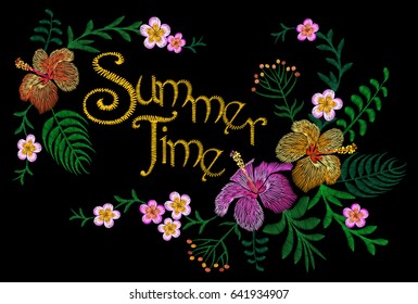 Summer time flower embroidery patch. Stitch textile print floral arrangement. Plumeria Hibiscus tropical palm leaves vector illustration art