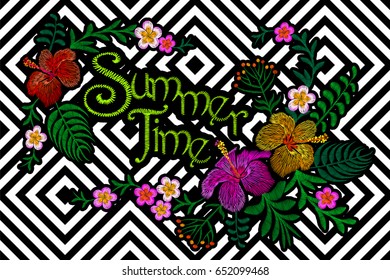 Summer time flower embroidery patch on geometric stripe seamless background. Stitch textile print floral arrangement. Plumeria Hibiscus tropical palm leaves vector illustration art