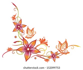 Summer time flowers. Orange, pink blossoms, with butterflies.