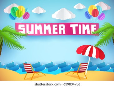 Summer time flyer, banner or poster. Beach and chaise lounges. Paper style