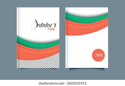 Summer time. Flyer Template with Orange and Green Wave Design. Business Brochure Cover. Editable image.