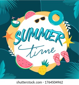 Summer Time Font with Fruits, Coconut Drink, Goggles, Lifebuoy, Starfish, Slipper and Leaves Decorated on Teal Blue Abstract Background.