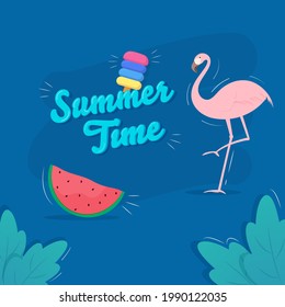 Summer Time Font With Ice Cream, Watermelon Slice, Flamingo And Leaves On Blue Background.