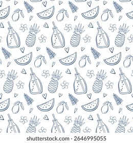 Summer time food and drinks Seamless Pattern. Watermelon, Pineapple, lemon, Lemonade, flowers. Line Art. Minimalist Outline Background