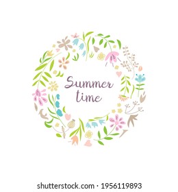 Tarjeta de marco temporal de verano, afiche o impresión. Diseño de vectores. Flores y plantas coloridas dibujadas a mano.