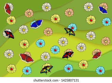 Summer time, free travel time. Background of flowers and butterflies. Vector illustration