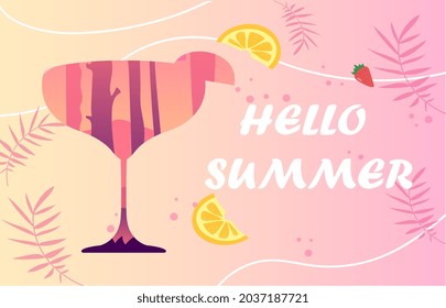 Summer time fun background. Beautiful silhouette of glass, invitation cards. Hello summmer, new season, new month. Graphic element for website. Stylish fresh picture. Cartoon flat vector illustration