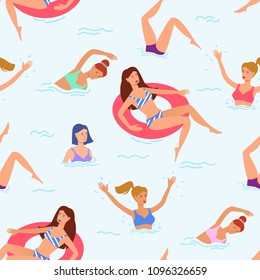 Summer time fun big swimming girl. Summer beach seamless pattern in vector