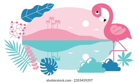 Summer time fun concept background with flamingo and natural leaves. Vector illustration.