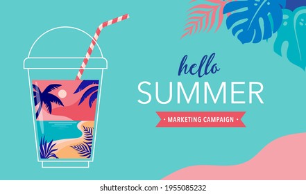 Summer time fun concept design. Creative background of landscape, panorama of sea and beach on glass of smoothie shake. Summer sale, post template