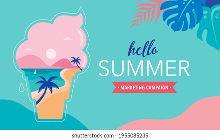 Summer time fun concept design. Creative background of landscape, panorama of sea and beach on ice cream cone. Summer sale, post template