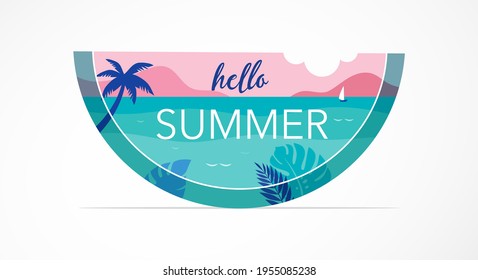 Summer time fun concept design. Creative background of landscape, panorama of sea and beach on watermelon. Summer sale, post template