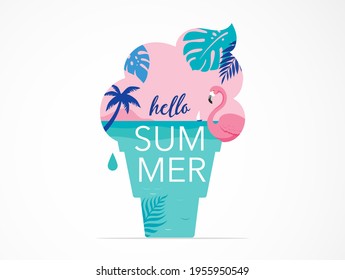 Summer time fun concept design. Summer background of landscape, panorama of sea and beach on ice cream cone. Summer sale, post template