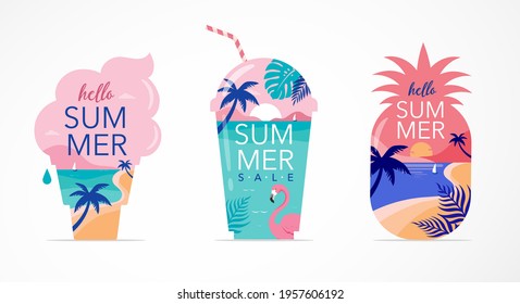 Czas letni zabawa koncepcja projektowania. Twórcze tło krajobrazu, panoramę morza i plaży na ananasie, lody i koktajl shake glass. Sprzedaż letnia, szablon pocztowy
