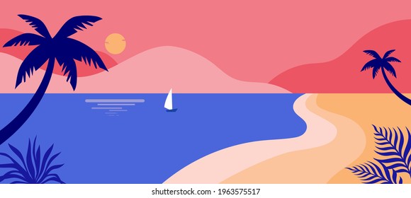 Summer time fun concept design. Creative background of landscape, panorama of sea and beach on air balloon. Summer sale, post template