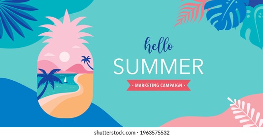 Summer time fun concept design. Creative background of landscape, panorama of sea and beach on pineapple. Summer sale, post template